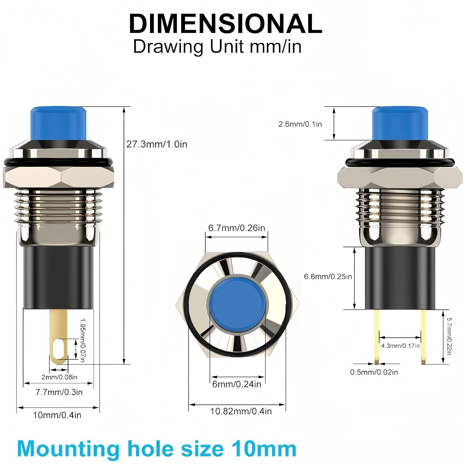 Main Product Shot: 10mm metal push button switch with LED illumination and IP65 rating Side View Showing Dimensions: Side profile of 10mm waterproof push button switch showing mounting dimensions Installation Demonstration: 10mm momentary push button switch installed in control panel with 10mm mounting hole LED Illumination Close-up: Close-up of 10mm metal push button switch with bright LED indicator lit Multiple Color Options: Collection of 10mm push button switches in different LED colors - red, green, blue Waterproof Test Demonstration: IP65 rated 10mm metal push button switch undergoing waterproof testing Terminal Connection View: Rear view of 10mm push button switch showing screw terminal connections Comparison with Other Sizes: Size comparison showing 10mm push button switch alongside 8mm and 12mm versions