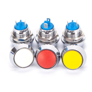 Main Product Shot: 12mm metal latching push button switch with CE certification and IP54 rating Side Profile View: Side view of micro latching push button switch showing compact 12mm design Terminal Close-up: 2-pin terminal connection on metal latching push button switch Multiple Color Display: Collection of 12mm latching push buttons in red, yellow, green, blue, and white Panel Installation Example: 12mm micro switch installed in control panel with 19mm mounting hole Customization Demonstration: Custom logo and symbol options on latching push button switch heads Size Comparison: 12mm latching switch shown alongside other industrial switch sizes Application Context: Metal latching push button switch in electrical control application