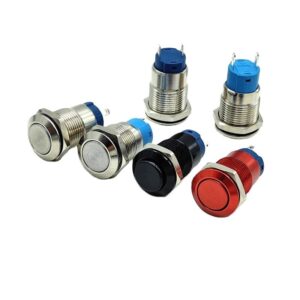 Main Product Image: 12mm metal push button switch with round head and 2-pin self-locking design Side View: Side profile of IP65 waterproof round head push button switch Terminal Close-Up: 2-pin screw terminals on metal push button switch for easy wiring Waterproof Demonstration: IP65 rated push button switch under water spray test Industrial Application Example: 12mm round head switch installed in industrial control panel Size Comparison: 12mm push button switch shown next to a coin for scale Multiple Units Display: Black oxide finished metal push buttons in a row Wiring Diagram: Connection diagram for 1NO+1NC self-locking push button switch