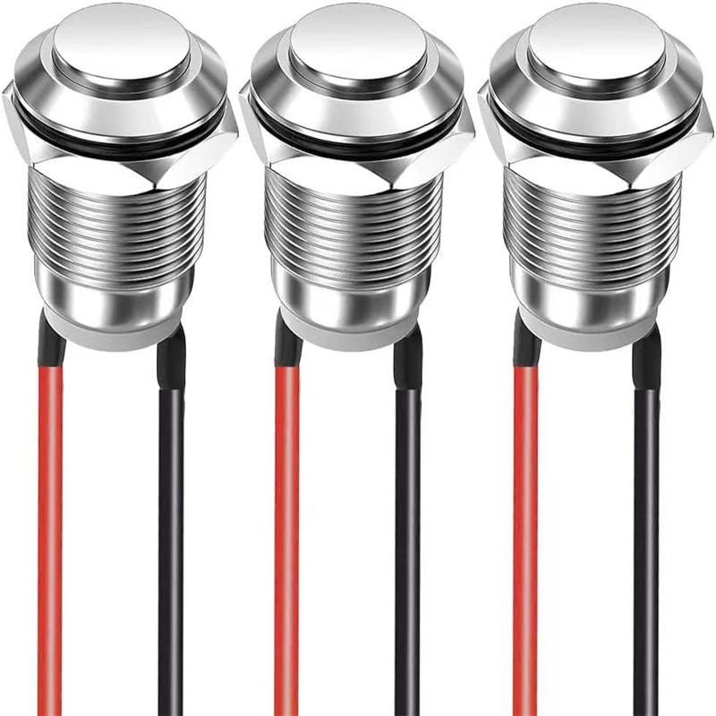 Main Product Shot: 12mm metal push button switch with 15cm wires and IP65 waterproof rating Wire Connection Detail: Close-up of pre-attached 15cm wires on industrial metal push button switch Side Profile View: Side view showing high-profile flat head design of waterproof push button switch Waterproof Demonstration: IP65 waterproof testing of pre-wired metal push button switch in wet conditions Industrial Installation Example: 12mm pre-wired switch installed in industrial control panel with easy connection Durability Testing Display: Mechanical life testing demonstration showing 200,000-cycle capability Multiple Unit Presentation: Collection of black metal push button switches with pre-attached wires Application Context: Pre-wired waterproof switch in automotive control application