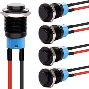 Main Product Shot: 12mm metal push button switch with 15cm wires and IP65 waterproof rating Wire Connection Detail: Close-up of pre-attached 15cm wires on industrial metal push button switch Side Profile View: Side view showing high-profile flat head design of waterproof push button switch Waterproof Demonstration: IP65 waterproof testing of pre-wired metal push button switch in wet conditions Industrial Installation Example: 12mm pre-wired switch installed in industrial control panel with easy connection Durability Testing Display: Mechanical life testing demonstration showing 200,000-cycle capability Multiple Unit Presentation: Collection of black metal push button switches with pre-attached wires Application Context: Pre-wired waterproof switch in automotive control application