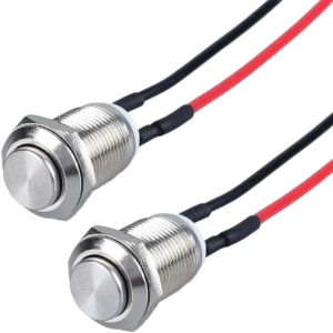 Primary Product Visualization: 12mm stainless steel IP65 waterproof push button switch with LED illumination Side Profile Demonstration: Side view of 12mm momentary push button switch showing stainless steel construction Terminal Close-up: Close-up of 2-pin solder terminal connections on waterproof push button switch Environmental Protection Display: IP65 rated stainless steel switch demonstrating water and dust resistance Industrial Application Context: 12mm waterproof push button installed in industrial control panel environment Multiple Unit Presentation: Collection of stainless steel push button switches in silver and green colors Size Comparison Illustration: 12mm push button switch shown alongside common industrial components for scale LED Illumination Detail: Close-up of illuminated LED indicator on stainless steel push button switch