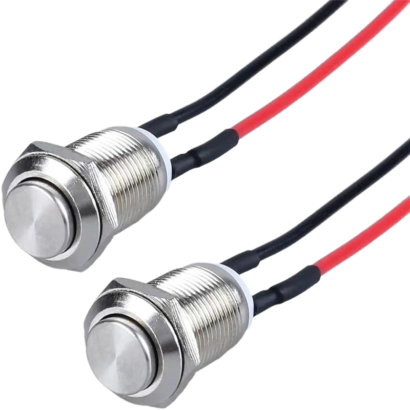 Primary Product Visualization: 12mm stainless steel IP65 waterproof push button switch with LED illumination Side Profile Demonstration: Side view of 12mm momentary push button switch showing stainless steel construction Terminal Close-up: Close-up of 2-pin solder terminal connections on waterproof push button switch Environmental Protection Display: IP65 rated stainless steel switch demonstrating water and dust resistance Industrial Application Context: 12mm waterproof push button installed in industrial control panel environment Multiple Unit Presentation: Collection of stainless steel push button switches in silver and green colors Size Comparison Illustration: 12mm push button switch shown alongside common industrial components for scale LED Illumination Detail: Close-up of illuminated LED indicator on stainless steel push button switch