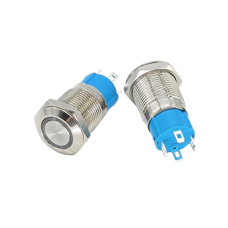 Main Product Shot: 12mm stainless steel push button switch with LED illumination and 4-pin configuration Illuminated Operation View: LED-lit stainless steel push button switch in dark environment showing clear illumination Terminal Close-up: 4-pin terminal configuration on IP65 rated stainless steel push button switch Side Profile Demonstration: Side view of 12mm metal push button showing flat head design and construction Waterproof Testing Display: IP65 waterproof demonstration of stainless steel push button switch Multiple Variant Presentation: Collection of 12mm push button switches showing ring-lit and power indicator versions Panel Installation Example: Stainless steel push button installed in industrial control panel with 12mm cutout Application Context: 4-pin LED push button switch in power start/stop control application