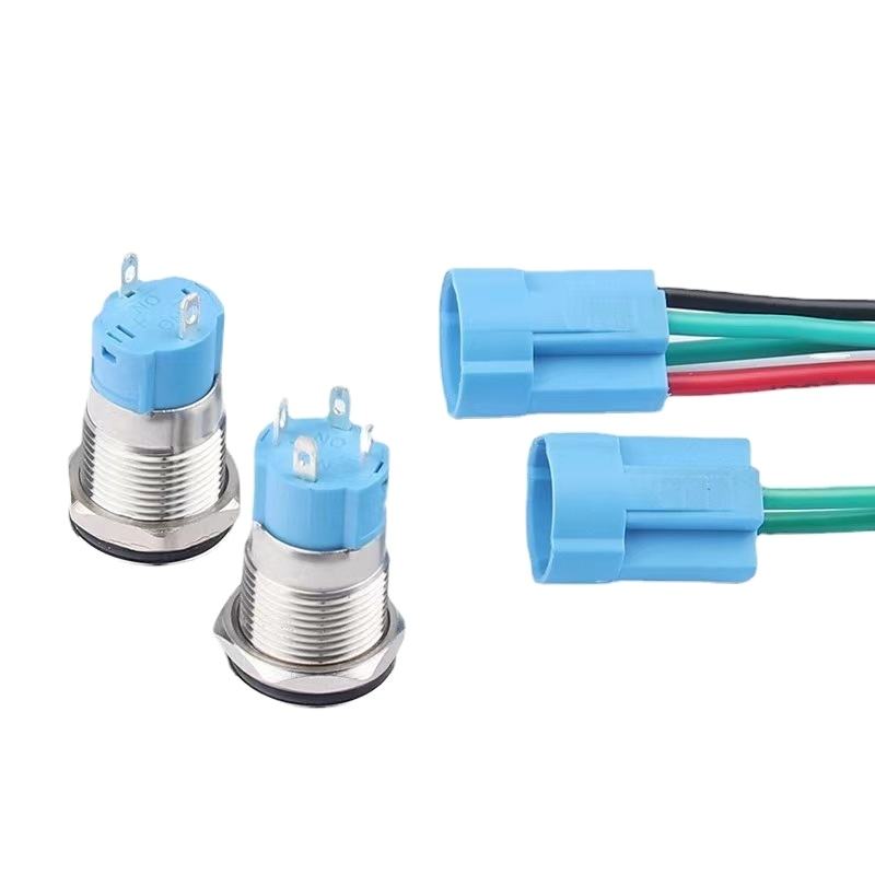 Main Product Shot: 12mm stainless steel push button switch with LED illumination and 4-pin configuration Illuminated Operation View: LED-lit stainless steel push button switch in dark environment showing clear illumination Terminal Close-up: 4-pin terminal configuration on IP65 rated stainless steel push button switch Side Profile Demonstration: Side view of 12mm metal push button showing flat head design and construction Waterproof Testing Display: IP65 waterproof demonstration of stainless steel push button switch Multiple Variant Presentation: Collection of 12mm push button switches showing ring-lit and power indicator versions Panel Installation Example: Stainless steel push button installed in industrial control panel with 12mm cutout Application Context: 4-pin LED push button switch in power start/stop control application