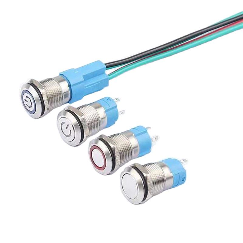 Main Product Shot: 12mm stainless steel push button switch with LED illumination and 4-pin configuration Illuminated Operation View: LED-lit stainless steel push button switch in dark environment showing clear illumination Terminal Close-up: 4-pin terminal configuration on IP65 rated stainless steel push button switch Side Profile Demonstration: Side view of 12mm metal push button showing flat head design and construction Waterproof Testing Display: IP65 waterproof demonstration of stainless steel push button switch Multiple Variant Presentation: Collection of 12mm push button switches showing ring-lit and power indicator versions Panel Installation Example: Stainless steel push button installed in industrial control panel with 12mm cutout Application Context: 4-pin LED push button switch in power start/stop control application