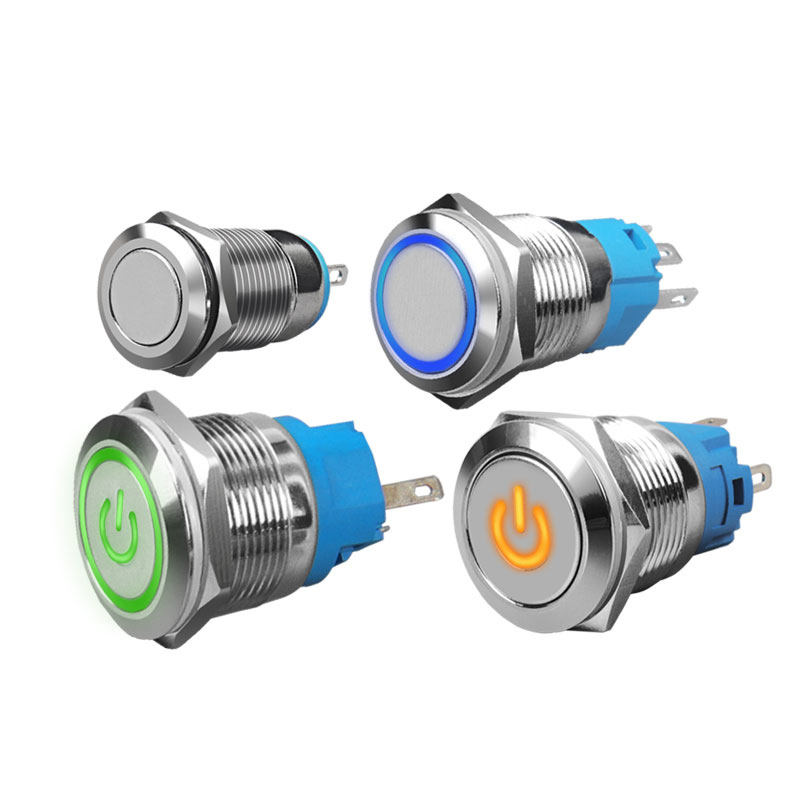 Main Product Shot: 16mm metal LED push button switch with green illumination and marine-grade construction Illuminated Operation View: Bright green LED illumination on 5V marine push button switch in dark environment Custom Symbol Display: Customizable symbol options on 16mm illuminated push button switch Marine Application Context: Waterproof LED push button installed in marine control panel application Terminal Connection Close-up: 5-pin terminal configuration on industrial LED push button switch Multiple Color Options: Collection of 16mm LED push buttons in red, yellow, green, blue, and white Corrosion Resistance Demonstration: Marine-grade metal construction showing corrosion-resistant properties Industrial Installation Example: 16mm illuminated momentary switch in industrial control panel application