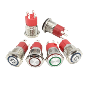 Main Product Shot: 16mm metal push button switch with ring LED illumination and IP65 waterproof rating Illuminated Operation View: Ring LED indicator illuminated on 10A high current push button switch Side Profile Demonstration: Side view of 16mm waterproof push button showing flat head design Terminal Close-up: PH/terminal connections on high current metal push button switch Waterproof Testing Display: IP65 waterproof verification of industrial ring LED push button switch Industrial Application Context: 16mm high current switch installed in power control panel application Multiple Angle Presentation: 360-degree view of ring LED illumination on metal push button Comparison with Standard Switches: 16mm high current switch shown alongside conventional push buttons