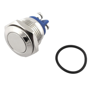 Main Product Image: 16mm metal push button switch with flat high head and screw terminals Side Profile View: Side view showing high-profile design of momentary push button switch Terminal Close-Up: Screw terminal connections on IP65 rated metal push button switch Waterproof Demonstration: IP65 waterproof testing of self-resetting momentary switch Household Application Example: 16mm momentary switch installed in household appliance control panel Operation Sequence Display: Self-resetting action demonstration of momentary push button Multiple Units Presentation: Silver finished metal push button switches in linear arrangement Installation Diagram: Mounting and wiring diagram for 16mm screw terminal switch