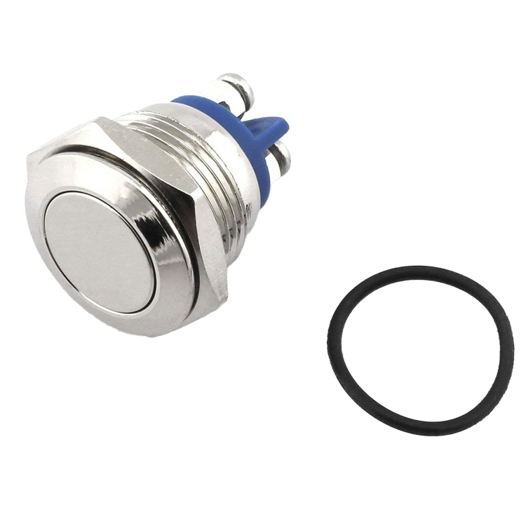 Main Product Image: 16mm metal push button switch with flat high head and screw terminals Side Profile View: Side view showing high-profile design of momentary push button switch Terminal Close-Up: Screw terminal connections on IP65 rated metal push button switch Waterproof Demonstration: IP65 waterproof testing of self-resetting momentary switch Household Application Example: 16mm momentary switch installed in household appliance control panel Operation Sequence Display: Self-resetting action demonstration of momentary push button Multiple Units Presentation: Silver finished metal push button switches in linear arrangement Installation Diagram: Mounting and wiring diagram for 16mm screw terminal switch