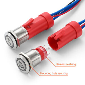 Main Product Shot: 19mm 316L stainless steel marine push button switch with dual seal rings Seal System Detail: Dual seal ring design showing harness seal and mounting hole seal Corrosion Resistance Demo: 316L stainless steel construction in saltwater environment test Marine Application: Marine grade push button switch installed on boat control panel Terminal Close-Up: Heavy-duty screw terminals for 20A high current applications Waterproof Testing: IP68 submersible testing of marine push button switch Industrial Context: 316L stainless switch in chemical processing equipment Comparison Display: 316L vs standard stainless steel corrosion resistance comparison