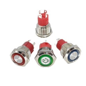 Main Product Shot: 19mm high current metal push button switch with circular LED power indicator Illuminated Operation View: Circular LED illumination on 10A industrial push button switch in operation Side Profile Demonstration: Side view showing stainless steel construction of 19mm waterproof switch Terminal Connection Close-up: Welding and terminal insertion options on high current push button switch Waterproof Testing Display: IP65 waterproof verification of industrial metal push button switch Industrial Application Context: 19mm high current switch installed in power control panel application Dual Operation Demonstration: Self-locking and auto-reset functionality of industrial push button Multiple Finish Options: Silver and green finished metal push button switches for industrial use