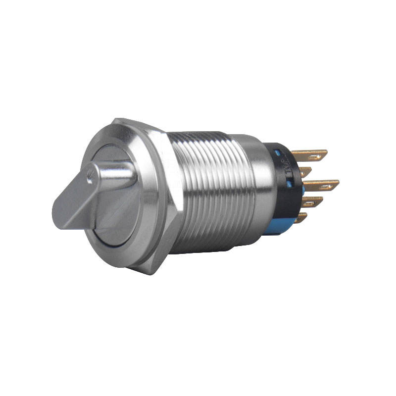 Main Product Image: 19mm IP65 3-position selector switch with stainless steel construction Position Selection Demo: Rotary selector switch showing three different position settings Terminal Close-Up: 6-pin terminal configuration on industrial selector switch Side Profile View: Side view showing 22mm dimensions and mounting details Waterproof Testing: IP65 waterproof verification for rotary selector switch Industrial Application: 3-position selector installed in machine control panel Internal Mechanism: Self-locking rotary mechanism of industrial selector switch Multiple Units Display: Collection of stainless steel selector switches for industrial use