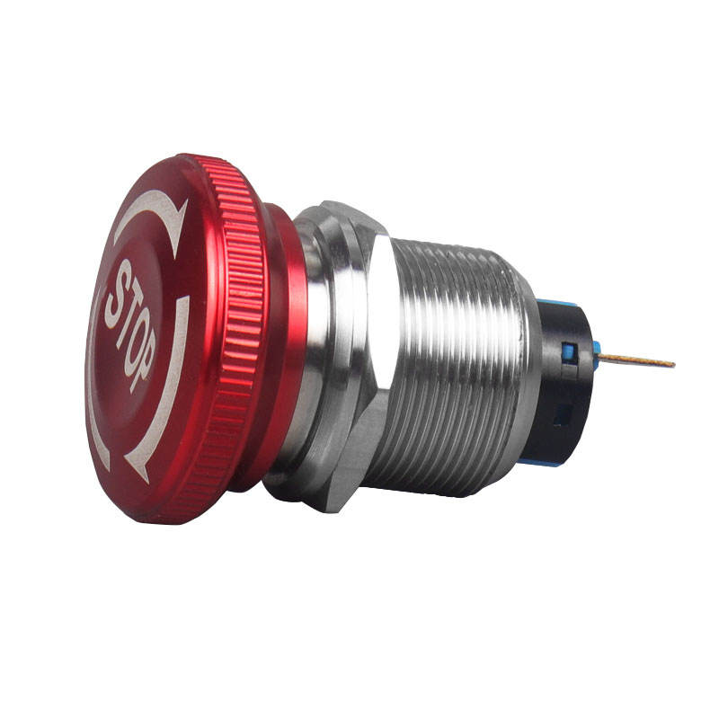 19mm metal mushroom head emergency stop button in red Safety Activation Demo: Mushroom head e-stop button being pressed in emergency situation Side Profile View: Side view showing mushroom head design and 22mm dimensions Terminal Close-Up: Solder terminal connections on emergency stop switch Application Context: E-stop button installed in home appliance control panel Safety Certification: CCC certification marking on emergency stop button Multiple Angles: 360-degree view of metal mushroom head safety switch Industrial Use: Emergency stop button in light industrial equipment application