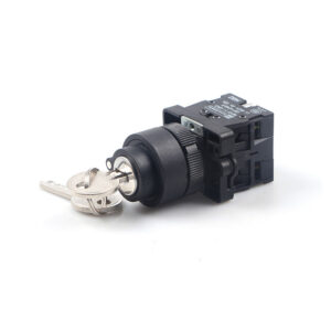 22mm 2-Position Key Operated Push Button Switch Black Key Detail: Key Operated Switch Mechanism Close-up View Panel Installation: Key Switch Installed in Industrial Control Panel Dimensions Image: XB2-E621 Key Operated Switch Technical Specifications