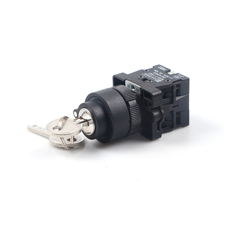 22mm 2-Position Key Operated Push Button Switch Black Key Detail: Key Operated Switch Mechanism Close-up View Panel Installation: Key Switch Installed in Industrial Control Panel Dimensions Image: XB2-E621 Key Operated Switch Technical Specifications
