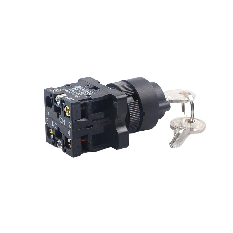 22mm 2-Position Key Operated Push Button Switch Black Key Detail: Key Operated Switch Mechanism Close-up View Panel Installation: Key Switch Installed in Industrial Control Panel Dimensions Image: XB2-E621 Key Operated Switch Technical Specifications