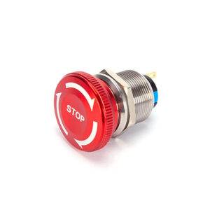 22mm IP65 Emergency Stop Push Button Switch with Red Mushroom Head Side View: Stainless Steel E-Stop Button Switch Side Profile Application Image: Industrial Machine with Emergency Stop Button Installation Dimensions Image: HB19M-222-J-S Emergency Stop Switch Technical Drawing