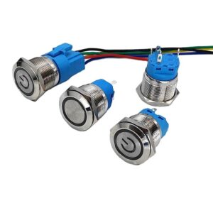 22mm metal IP65 waterproof push button switch with LED indicator and 5-pin terminals Illuminated Operation View: LED-lit industrial push button switch showing clear status indication Terminal Close-Up: 5-pin terminal configuration on waterproof push button switch Side Profile Demonstration: Side view showing round head design and 35×25mm dimensions Waterproof Testing Display: IP65 waterproof verification for industrial LED push button switch Industrial Application Context: 22mm illuminated switch installed in industrial control panel Dual Operation Demonstration: Self-locking and momentary functionality of industrial push button Multiple Units Presentation: Metal push button switches with LED indicators for industrial use