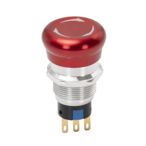Main Product Shot: 22mm metal mushroom head emergency stop button with red round top Safety Activation Demo: Mushroom head emergency stop button being pressed in industrial setting Terminal Close-Up: 3-pin threaded terminal connections on emergency stop switch Side Profile View: Side view showing 22mm mounting dimensions and mushroom head design Marking Options Display: Arrow and STOP symbol markings on emergency stop button Industrial Application: E-stop switch installed on machinery control panel Waterproof Testing: Waterproof verification of industrial emergency stop button Multiple Units: Red mushroom head emergency stop buttons in industrial packaging