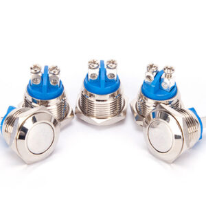 22mm stainless steel metal push button switch with round flat head IP67 rated momentary self-resetting button switch for industrial use HB19 metal push button with 1NO1NC contacts and optional LED lights 22mm waterproof push button switch installed in control panel