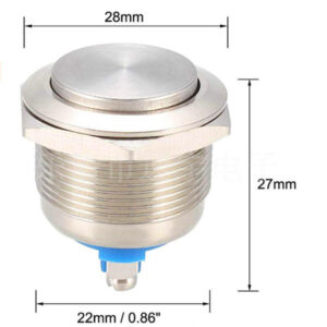 22mm stainless steel IP65 waterproof push button switch with flat head design Side Profile View: Side view showing low-profile flat head and 28×25mm dimensions Terminal Close-Up: Pin terminal connections on industrial momentary push button switch Waterproof Testing: IP65 waterproof verification for stainless steel push button Access Control Application: Momentary switch installed in access control system panel Industrial Context: Stainless steel push button in industrial control panel application Multiple Units Display: Silver nickel finished momentary switches for industrial use Corrosion Resistance Demo: Stainless steel construction showing corrosion-resistant properties