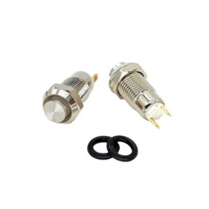 Main Product Shot (on a white background): 8mm IP65 Waterproof Brass Push Button Switch with glowing LED indicator Product Side-View (showing mounting threads): Side profile of the 8mm brass push button switch, showing its panel-mount threads Product in an Application (e.g., a control panel): Waterproof 8mm momentary push button switch installed on an industrial control panel Size Comparison (e.g., next to a coin): 8mm push button switch shown next to a coin for size comparison, highlighting its compact design Close-up on the LED: Close-up view of the high-head LED illuminated push button in a dark environment IP65 Demonstration (water droplets on switch): IP65 rated 250V brass switch with water beads on its surface, demonstrating its waterproof quality Termination View (back of the switch): Wiring terminals of the 1NO 250V self-locking push button switc