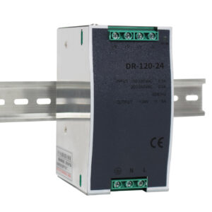 DR-120-24 DIN rail switching power supply 120W 24V 5A industrial grade High-power DIN rail mounted power supply in control panel application DR-120-24 terminal connections and wiring schematic detail view 120W switching power supply thermal management and heatsink design Industrial power supply installation in automation control cabinet DR-120-24 certification markings and safety compliance labels Comparison showing power density advantage of 120W power supply DIN rail power supply application in industrial LED lighting system