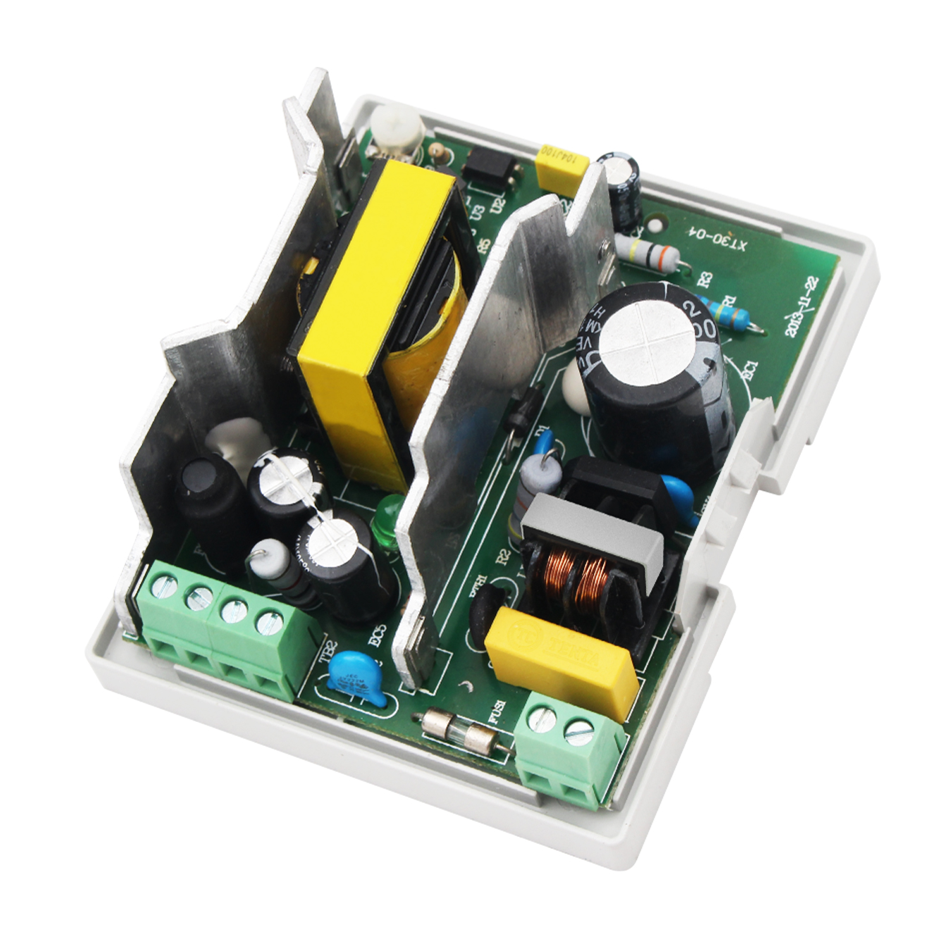 DR-60-24 DIN rail switching power supply 60W 24V 2.5A Industrial AC/DC power supply mounted on DIN rail DR-60-24 power supply terminal connections and wiring diagram Compact switching power supply for industrial control systems 60W DIN rail power supply installation in control panel DR-60-24 specifications and technical parameters label Comparison of DIN rail power supply sizes and power ratings Industrial power supply application in automation system