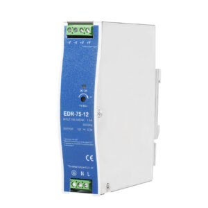 EDR-75W 75W DIN Rail Power Supply - Front View Industrial 24V Switching Power Supply mounted on a DIN rail Compact 75W Power Supply with terminal connections visible Enclosed DIN Rail PSU for LED and industrial use
