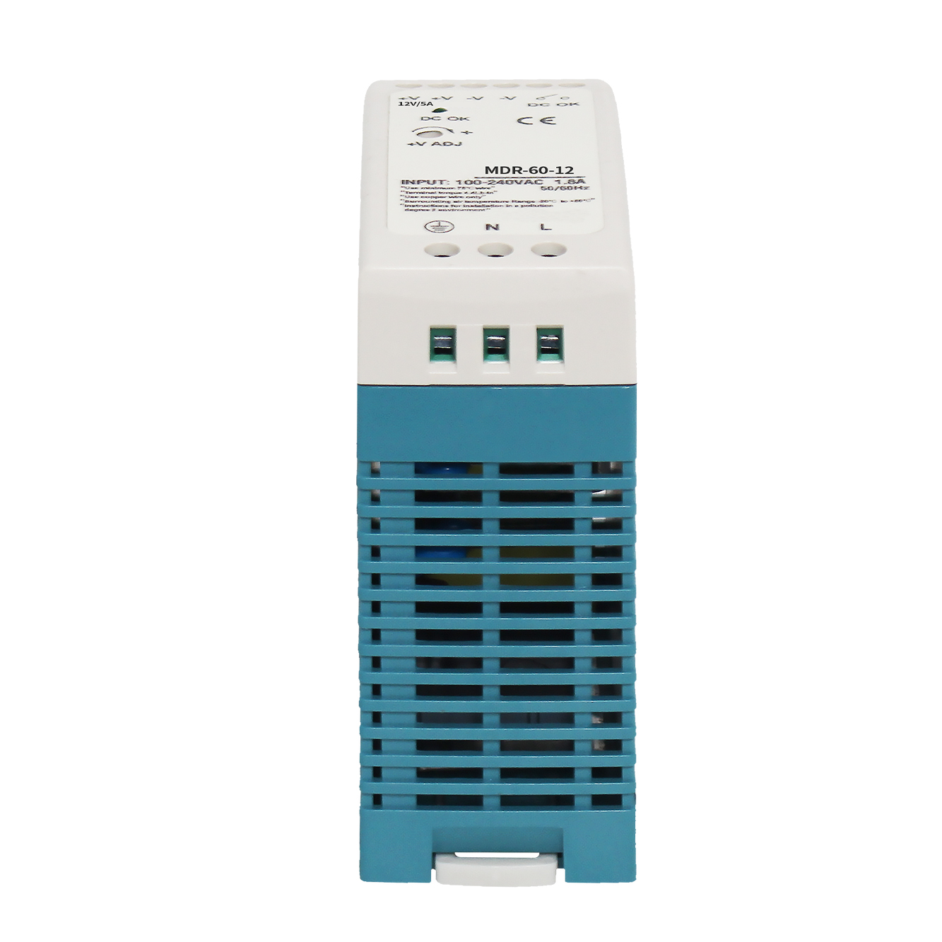 MDR-60W 60W compact DIN rail power supply Front view of MDR-60W industrial PSU Installation Images DIN rail mounting of MDR-60W power supply Compact size comparison MDR-60W PSU Application Images MDR-60W in control cabinet installation Industrial sensors with compact power supply