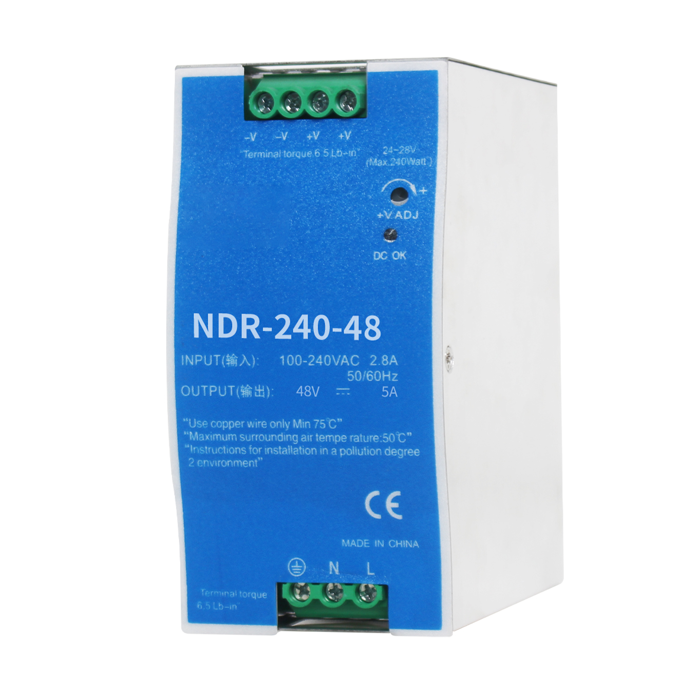 NDR-240W 240W DIN rail power supply industrial grade Front view of NDR-240W DIN rail mounted PSU Technical Detail Images Wiring terminals of NDR-240W industrial power supply DIN rail mounting mechanism 240W power supply Application Scenario Images NDR-240W installed in industrial control panel Automation system with DIN rail power supply setup