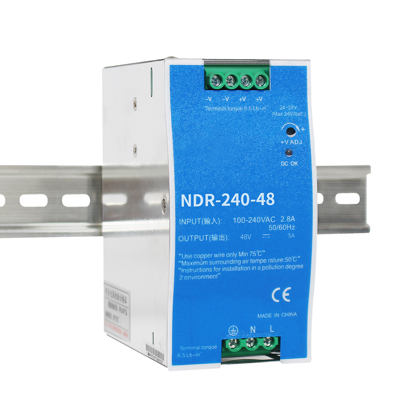 NDR-240W 240W DIN rail power supply industrial grade Front view of NDR-240W DIN rail mounted PSU Technical Detail Images Wiring terminals of NDR-240W industrial power supply DIN rail mounting mechanism 240W power supply Application Scenario Images NDR-240W installed in industrial control panel Automation system with DIN rail power supply setup