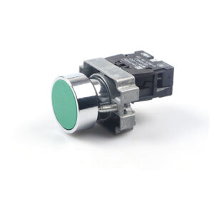 Primary Product Image: XB2-BA31 Green 22mm Start Push Button Switch Metal Side/Profile View: 22mm Metal Push Button Switch Profile for Panel Mounting Application Image: Green Start Button on Industrial Control Panel Packaging Image: XB2-BA31 Push Button Switch Retail Packaging