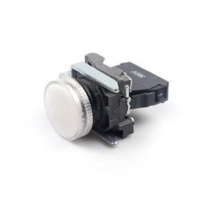 XB4-BV white LED indicator light 22mm industrial pilot light Illuminated Operation: Bright white LED illumination on industrial indicator light Side Profile View: Side view showing 22mm mounting dimensions and dual-head construction Panel Installation: White indicator light installed in industrial control panel Multiple Units Display: XB4 series indicator lights in industrial packaging Control Panel Context: White LED pilot light in machinery status indication application Comparison Display: White indicator shown alongside other colored indicator lights CE Certification Mark: CE certification label on industrial LED indicator