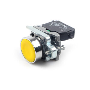 XB4 series 22mm yellow elevator push button switch with locking mechanism Flush Mount Detail: Flush mounted design of elevator control push button switch Side Profile View: Side view showing 22mm mounting dimensions and sleek profile Elevator Panel Application: Yellow locking switch installed in elevator control panel Locking Mechanism Demo: Locking push button mechanism in maintained position Multiple Units Display: Yellow elevator push button switches in industrial packaging Control Panel Context: XB4 switch in access control system application CE Certification Mark: CE certification label on elevator push button switch