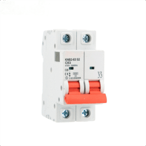 2 pole MCB with white PA66 housing mounted on DIN rail 32A C curve 2 pole miniature circuit breaker for electrical panels CE certified dual pole MCB for single-phase residential and commercial use Close-up of 2 pole MCB terminals and switching lever 2 pole MCB installed in a distribution board with wiring diagram