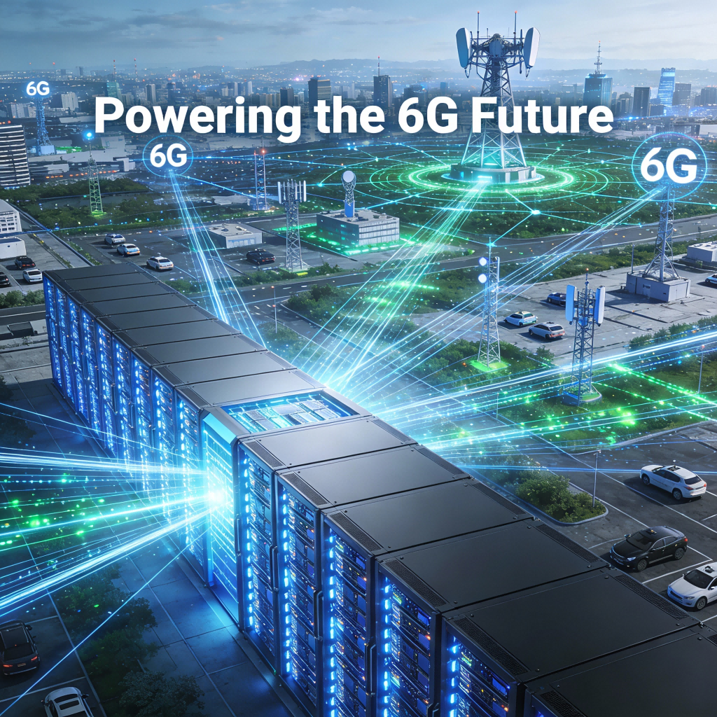 Futuristic concept art of an ultra-high-density modular power system as the energy core, seamlessly connecting to and powering a citywide 6G network of antennas and connected devices.