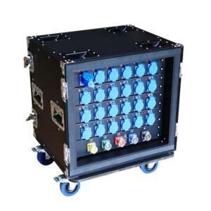 24-socket-waterproof-power-distribution-box-front-panel three-phase-450V-portable-electrical-distribution-board industrial-power-distribution-panel-with-voltage-display outdoor-stage-power-box-with-multiple-16A-sockets portable-distribution-box-side-view-showing-handles OEM-customizable-power-distribution-box-for-events