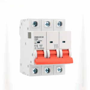 3 pole MCB with white PA66 housing mounted on DIN rail 32A C curve 3 pole miniature circuit breaker for three-phase systems CE certified triple pole MCB for industrial and commercial panels Close-up of 3 pole MCB terminals and switching mechanism 3 pole MCB installed in a three-phase distribution board