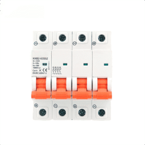 4 pole MCB with white PA66 housing mounted on DIN rail 32A C curve 4 pole miniature circuit breaker for three-phase systems with neutral protection CE certified four pole MCB for industrial and commercial electrical panels Close-up of 4 pole MCB terminals and switching lever 4 pole MCB installed in a three-phase distribution board with neutral protection