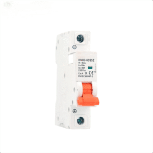 32A single pole MCB with white PA66 housing on DIN rail C curve 6 kA miniature circuit breaker for household electrical panel CE certified 1P MCB mounted in distribution board Close-up of 32A MCB terminals and switching lever MCB comparison chart showing C curve tripping characteristics