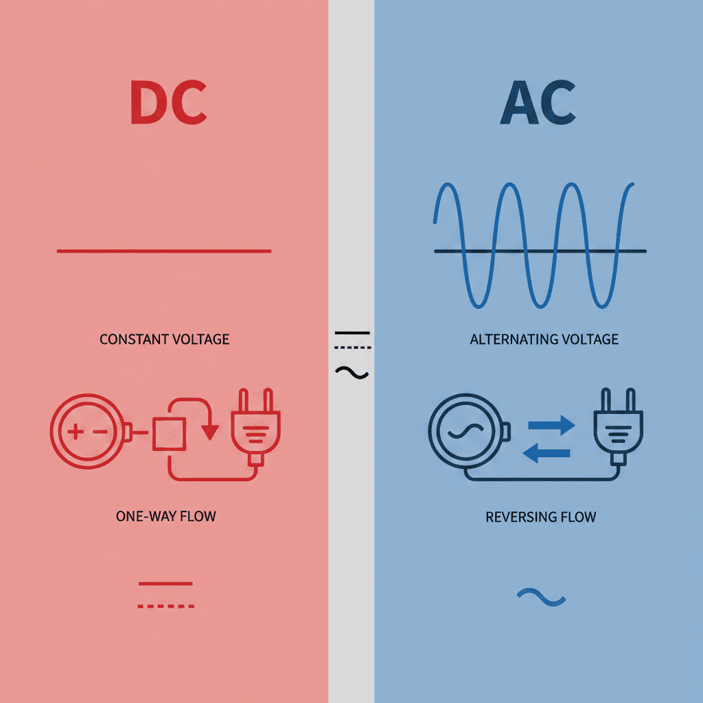 Infographic comparing the fundamental differences between DC (direct current with constant voltage and one-way flow) and AC (alternating current with sinusoidal voltage and bidirectional flow).