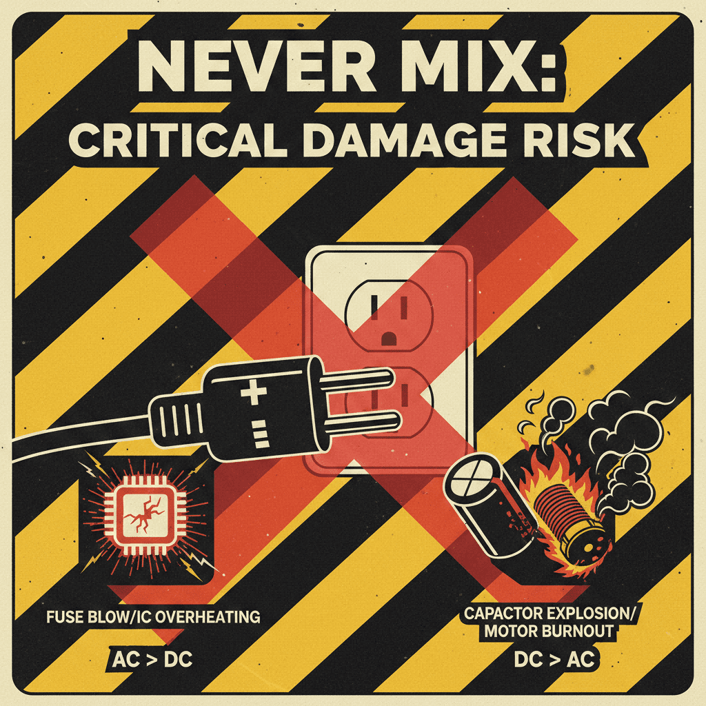 Warning graphic illustrating the catastrophic damage that can occur from incorrectly plugging a DC device into an AC socket, or vice versa, in an industrial setting.