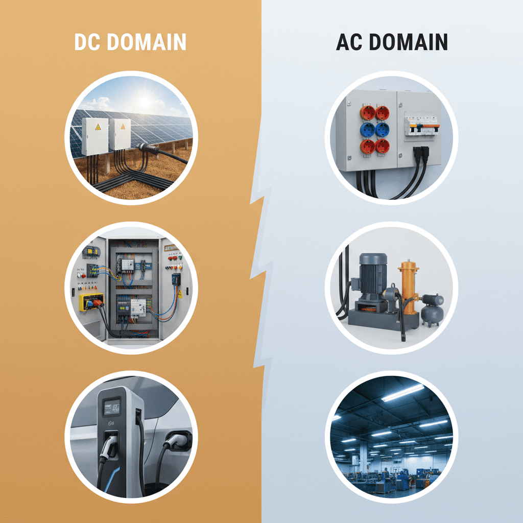 Landscape infographic dividing common industrial applications into DC domains (solar, control systems, EV charging) and AC domains (motor power, workshop distribution, lighting)