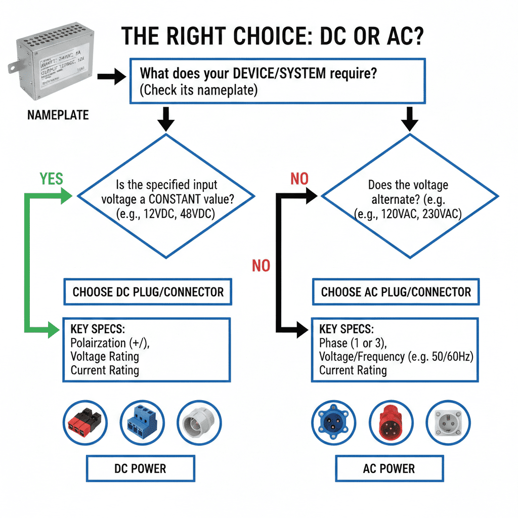 A simple, sequential flowchart guiding users to choose between DC and AC plugs by starting with the device's nameplate input voltage specification.