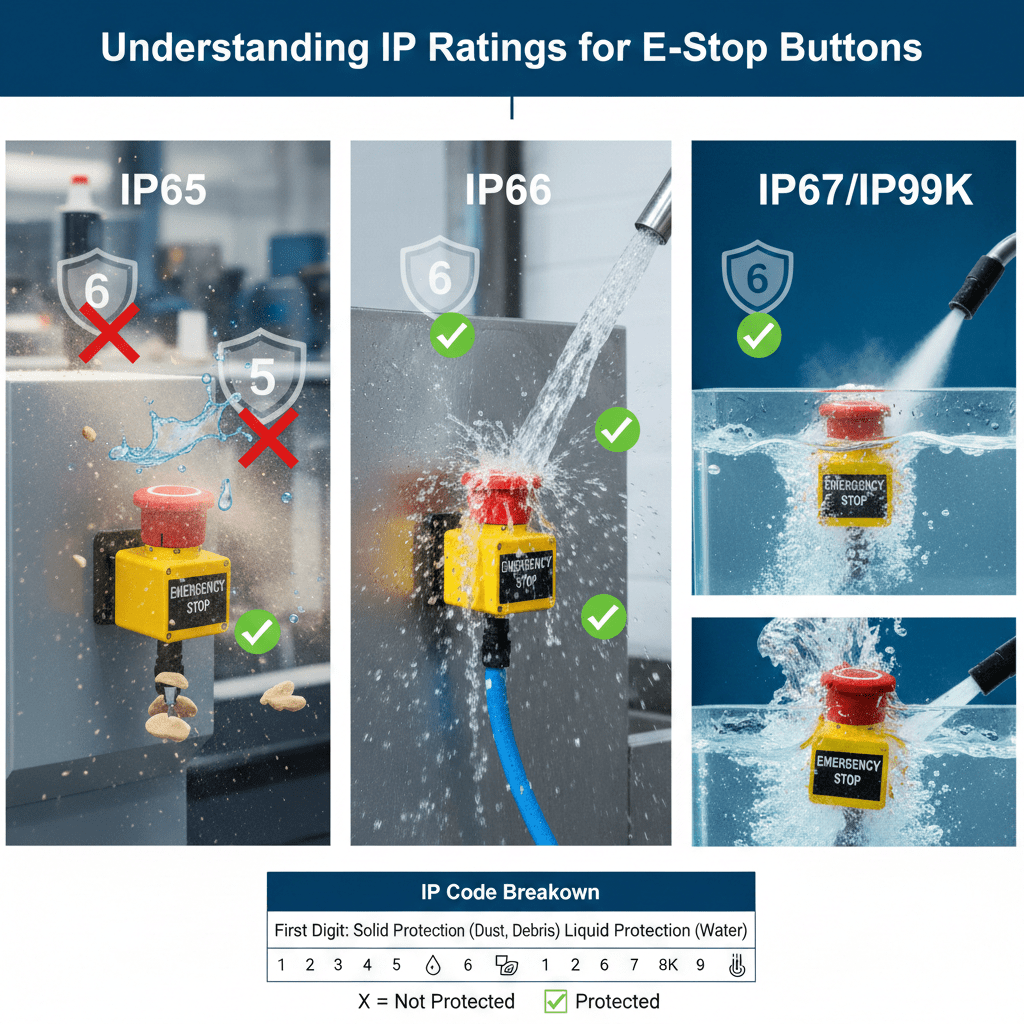 Emergency Stop Button Buying Guide Key Specifications (IP Rating, Voltage, Mount Type) (2) Comparative graphic visualizing the protection levels of different IP-rated emergency stop buttons against dust and water, from workshop splashes to high-pressure washdown.