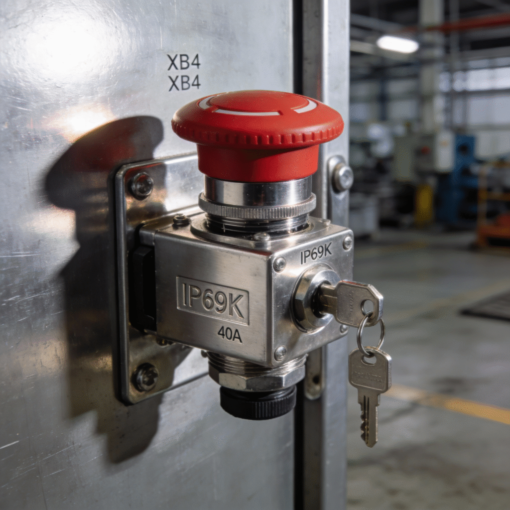 heavy-duty industrial push button, Schneider XB4, 40A, lockable mushroom head, stainless steel IP69K, control panel mount, dramatic studio lighting, photorealistic, detailed