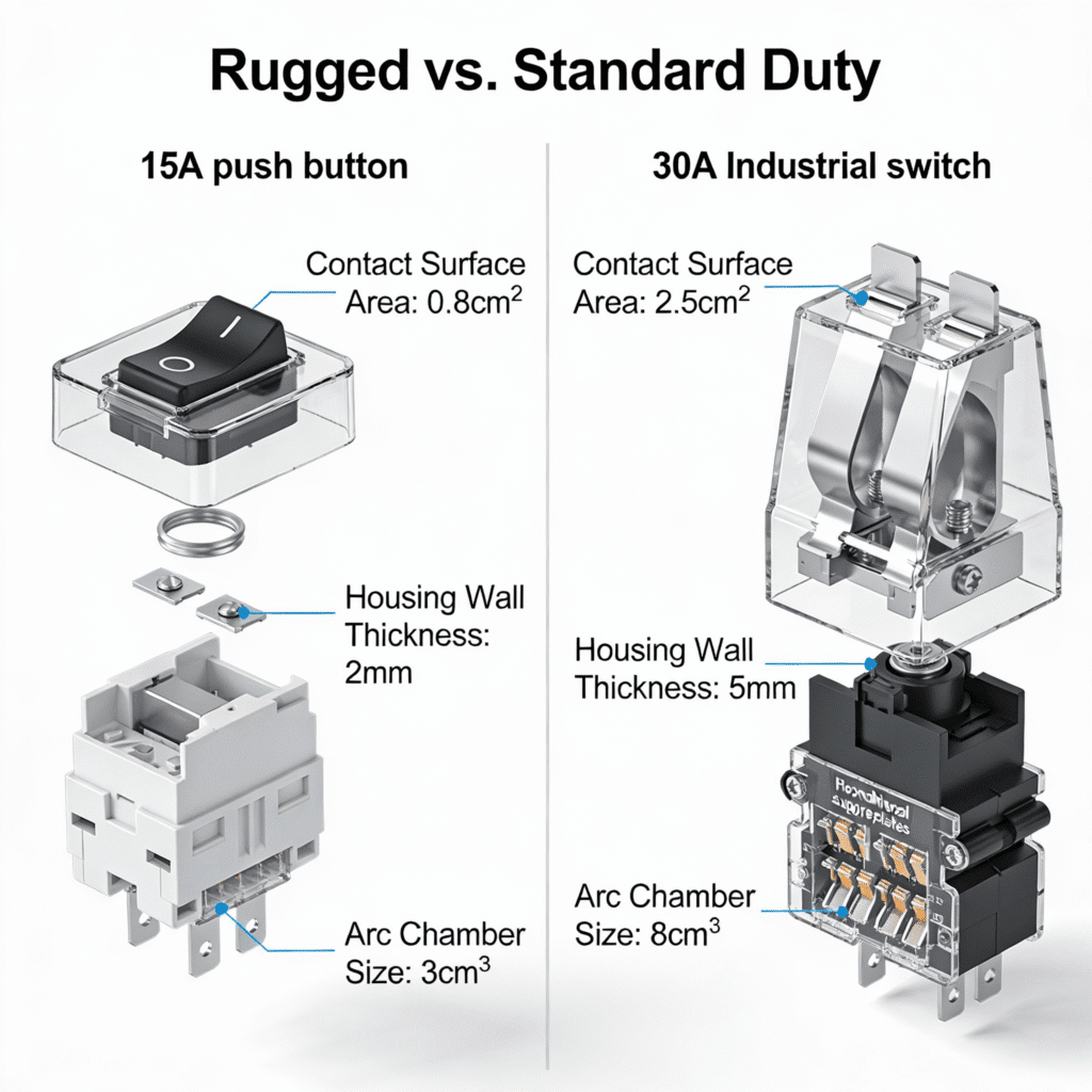 comparison infographic, standard 15A vs heavy-duty 30A switch, exploded view, contact size comparison, arc suppression features, technical drawing, isometric, labeled