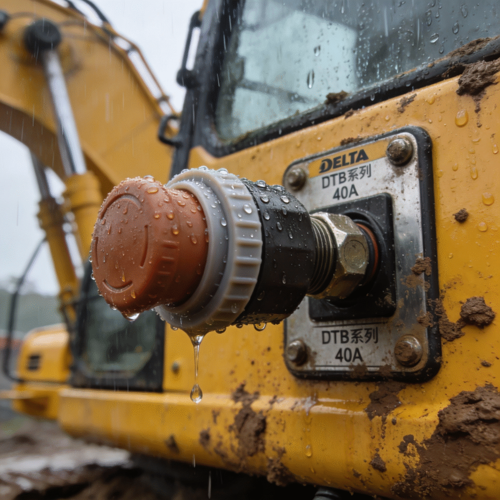 outdoor installation, Delta DTB switch, 40A, construction equipment, IP68 rating, weatherproof gasket, mud and rain, environmental durability, photorealistic, action scene
